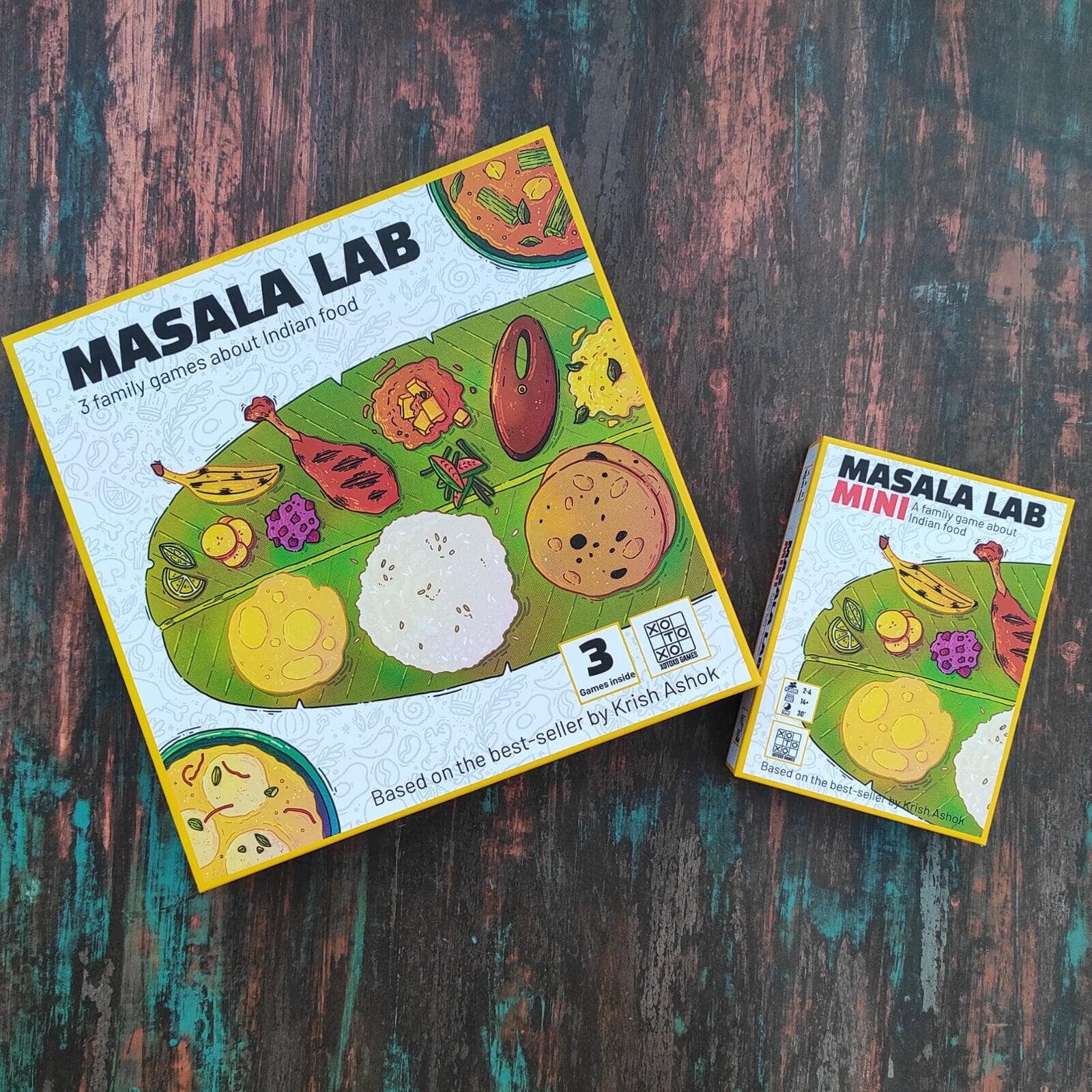 Two boxes of games named Masala Lab Mini and Masala Lab placed side by side, slightly angled and facing each other.