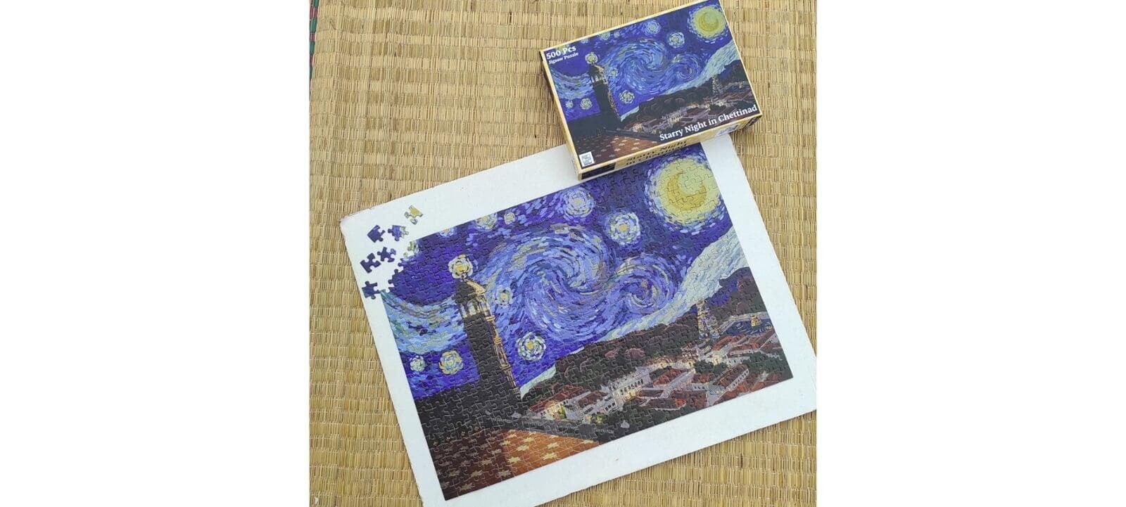 Jigsaw puzzle named Starry night in Chettinad laid out on a white background. 