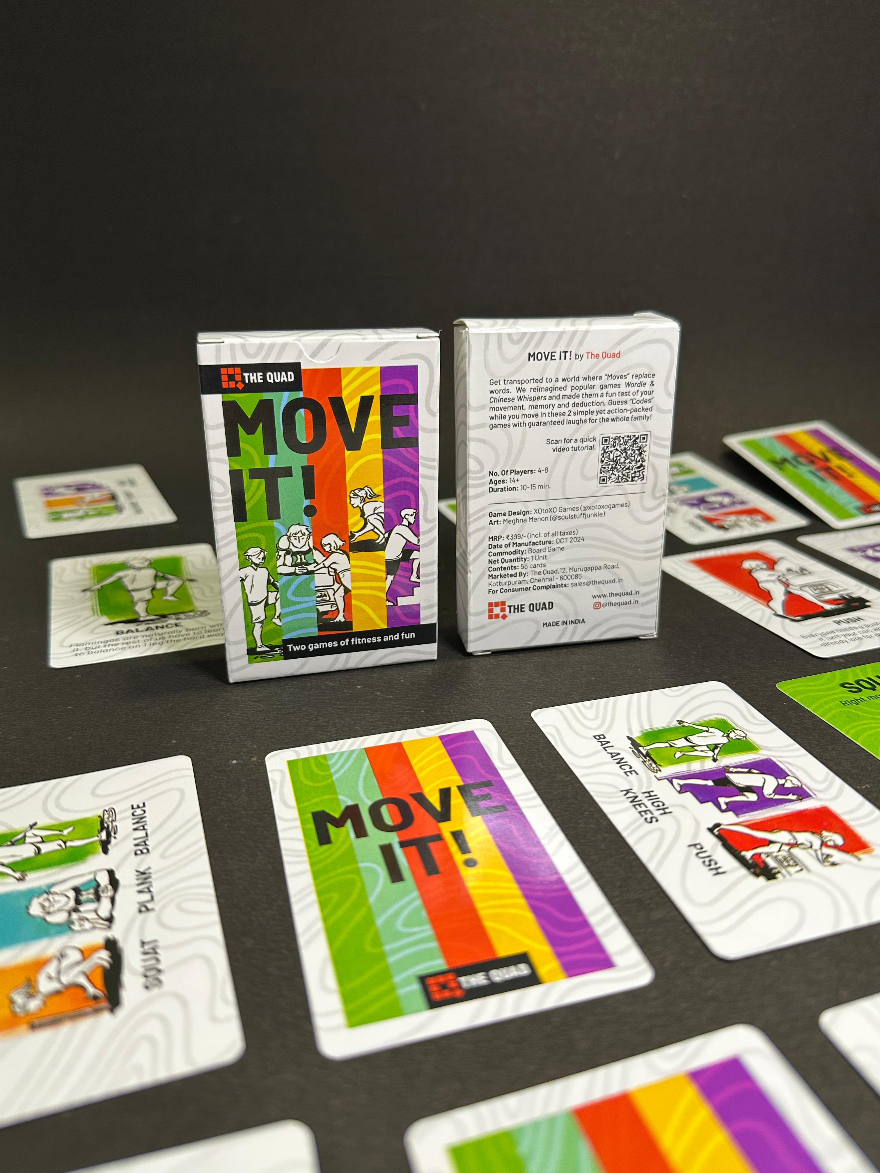 Card game Move It, with the carton placed vertically on the table, and all the cards laid out around it